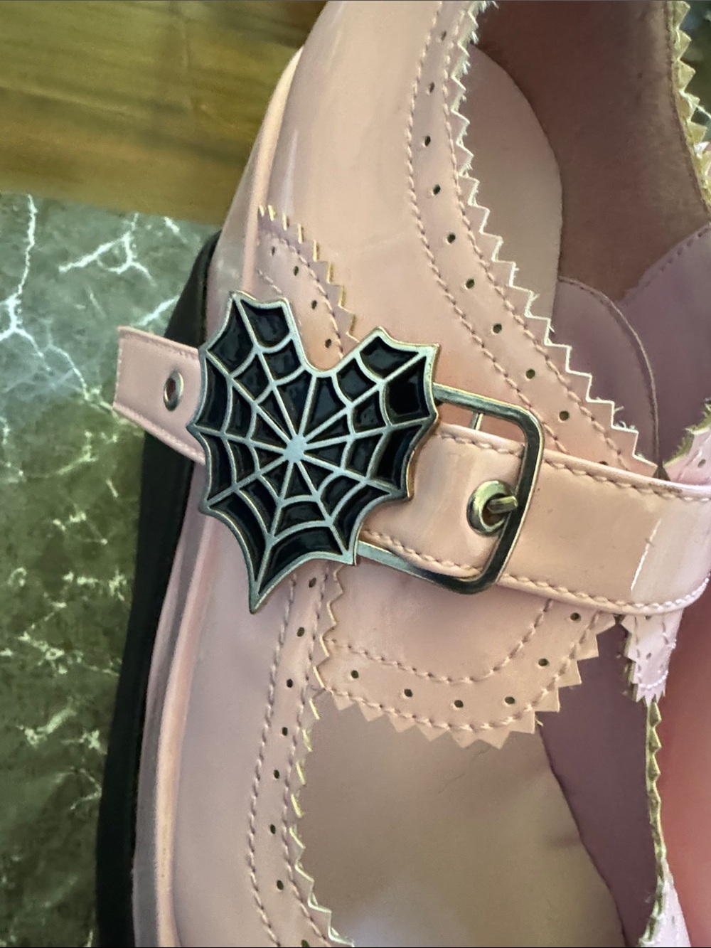 Demonia Pink Patent Mary Jane Platform Shoes with Spiderweb Buckle - Picture 3 of 7